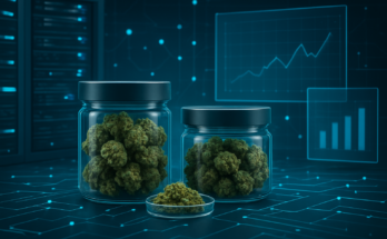 Glass jars filled with cannabis buds against a tech-themed background