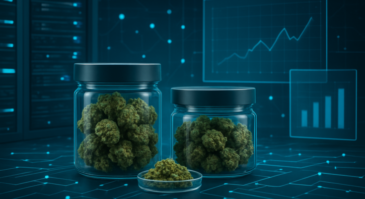 Glass jars filled with cannabis buds against a tech-themed background